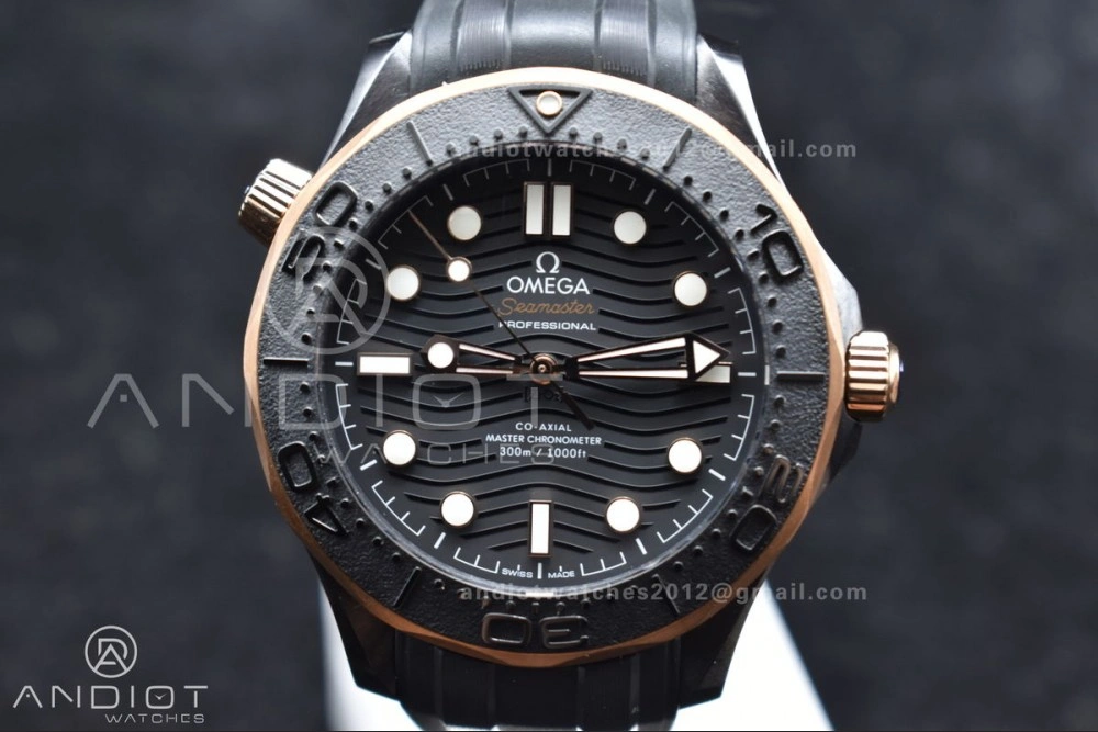 Seamaster 300m 43.5mm Black Ceramic VSF 1:1 Best Edition Black Dial RG Bezel on Black Rubber Strap A8806