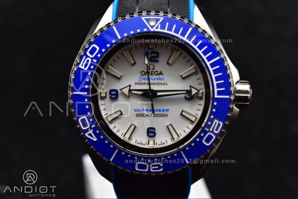 Seamaster 6000M Ultra Deep SS TF 1:1 Best Edition White Dial Blue Ceramic Bezel on Black Rubber Strap A2824