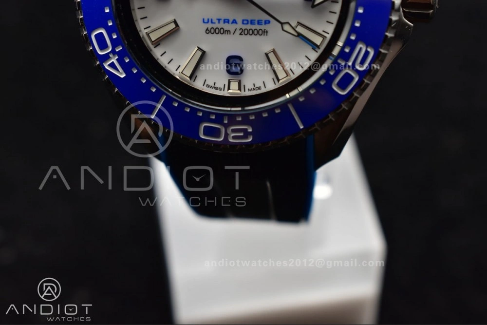 Seamaster 6000M Ultra Deep SS TF 1:1 Best Edition White Dial Blue Ceramic Bezel on Black Rubber Strap A2824