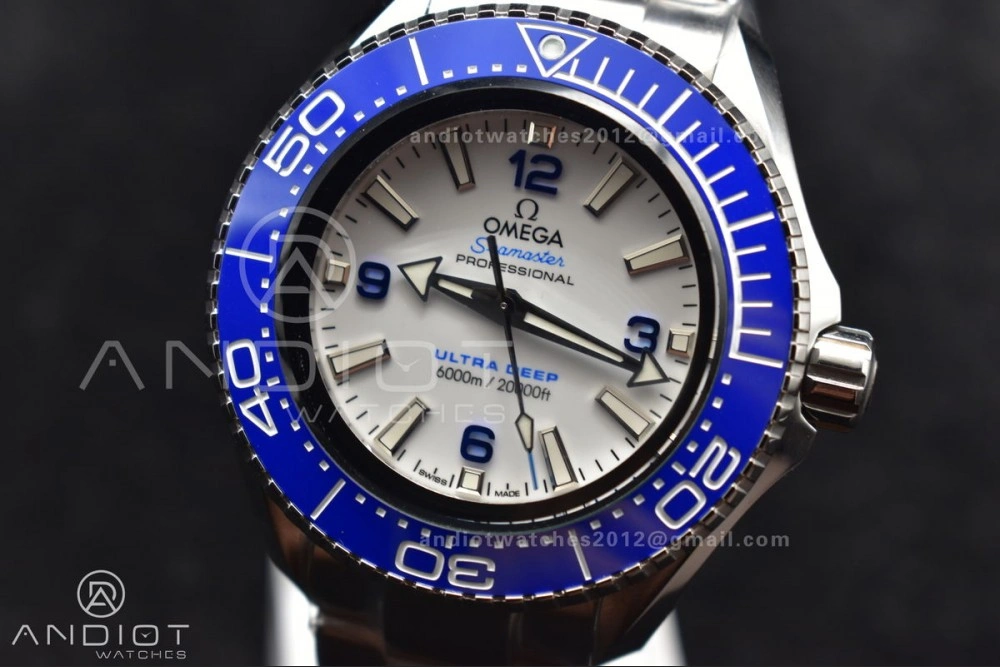 Seamaster 6000M Ultra Deep SS TF 1:1 Best Edition White Dial Blue Ceramic Bezel on SS Bracelet A2824
