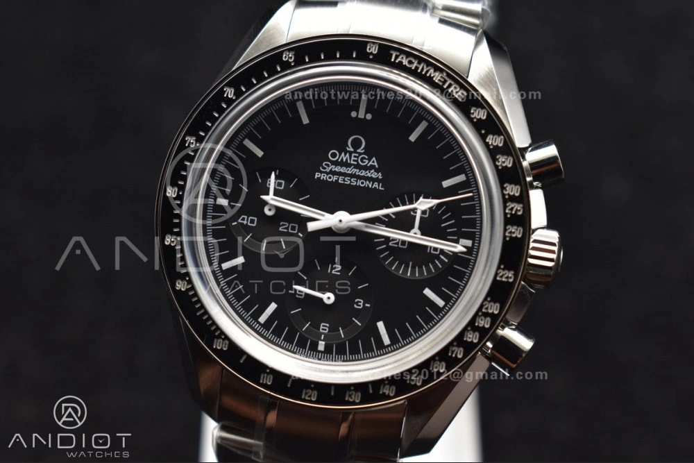 Speedmaster MoonWatch OMF SS Sapphire Crystal Black Dial on SS Bracelet Manual Winding Chrono Movement with Transparent Back