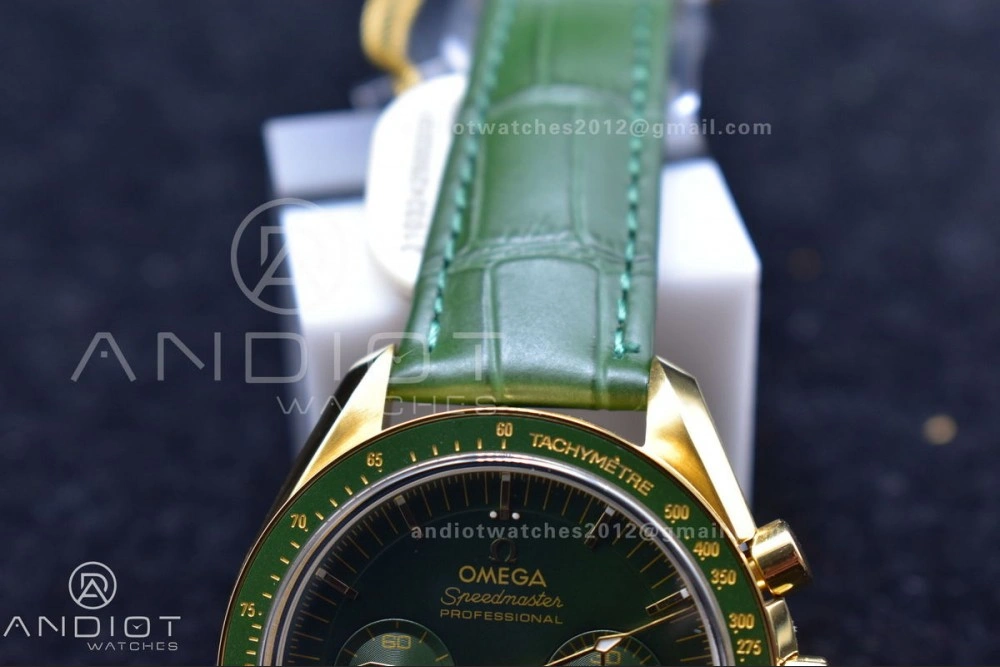 Speedmaster Moonwatch in Moonshine Gold YG RMF Best Edition Green Dial on Green Leather Strap Manual Chrono