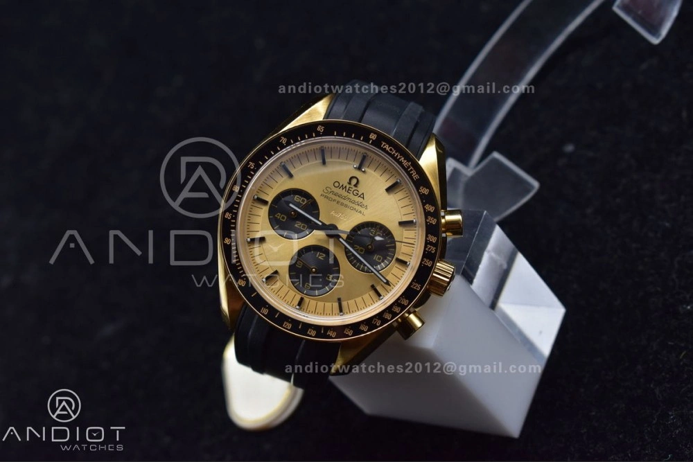 Speedmaster Moonwatch in Moonshine Gold YG RMF Best Edition YG Dial on Black Rubber Strap Manual Chrono