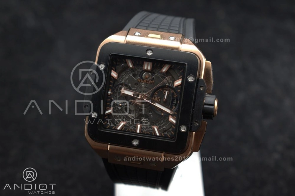 Square Bang Unico 42mm RG BBF 1:1 Best Edition Skeleton Dial Ceramic Bezel on Black Rubber Strap A1280