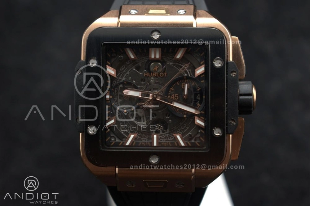 Square Bang Unico 42mm RG BBF 1:1 Best Edition Skeleton Dial Ceramic Bezel on Black Rubber Strap A1280
