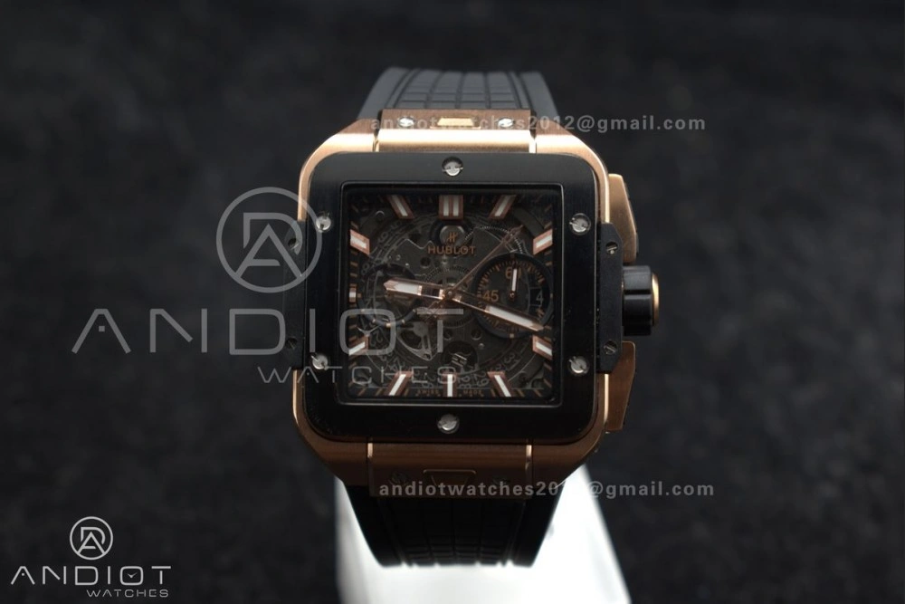 Square Bang Unico 42mm RG BBF 1:1 Best Edition Skeleton Dial Ceramic Bezel on Black Rubber Strap A1280