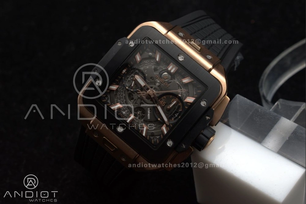 Square Bang Unico 42mm RG BBF 1:1 Best Edition Skeleton Dial Ceramic Bezel on Black Rubber Strap A1280