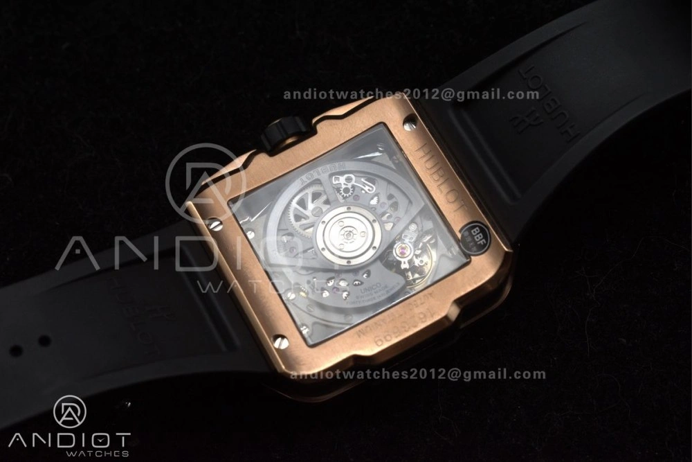 Square Bang Unico 42mm RG BBF 1:1 Best Edition Skeleton Dial Ceramic Bezel on Black Rubber Strap A1280