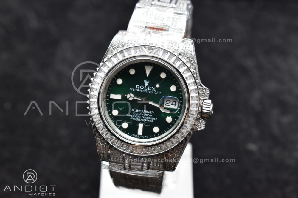 Submariner 40mm Full Diamonds SS AMGF Best Edition Green Dial on Bracelet on VR3135