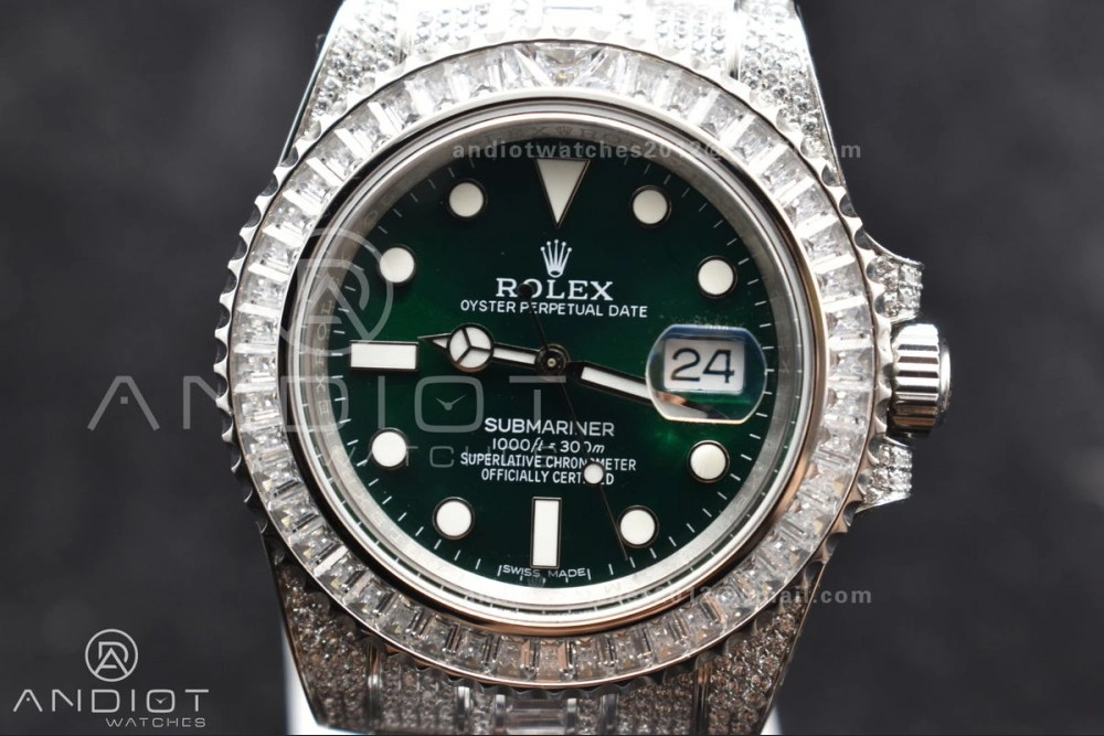 Submariner 40mm Full Diamonds SS AMGF Best Edition Green Dial on Bracelet on VR3135
