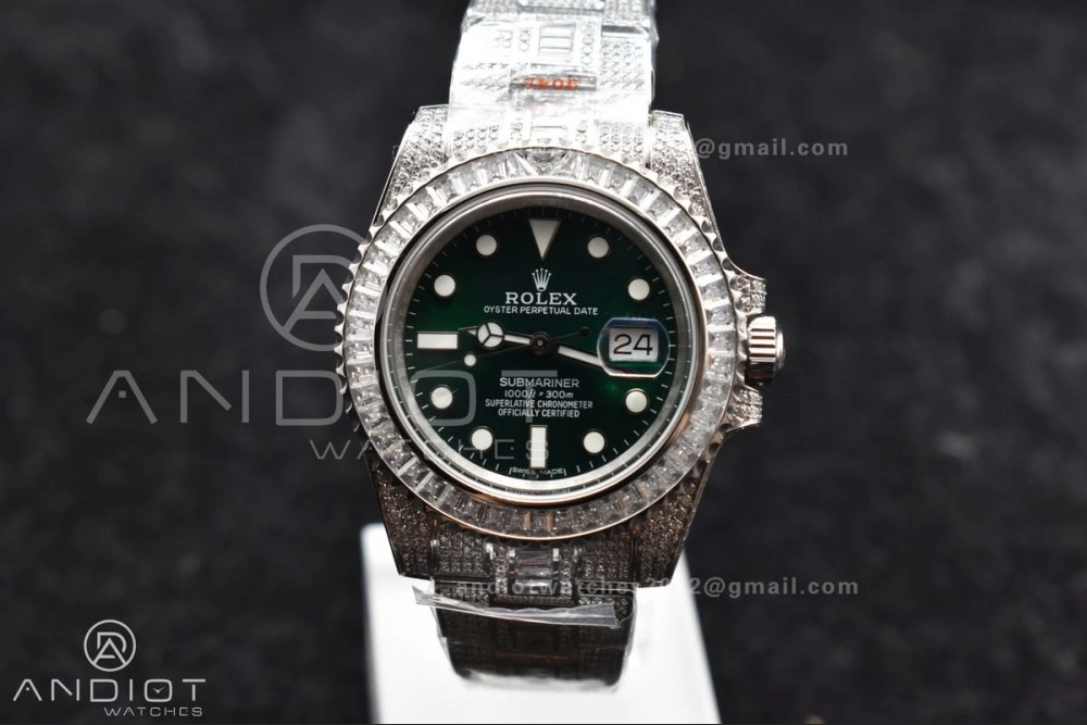 Submariner 40mm Full Diamonds SS AMGF Best Edition Green Dial on Bracelet on VR3135