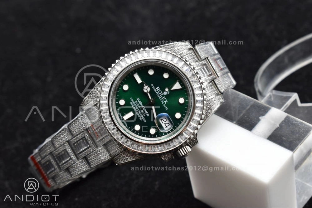 Submariner 40mm Full Diamonds SS AMGF Best Edition Green Dial on Bracelet on VR3135