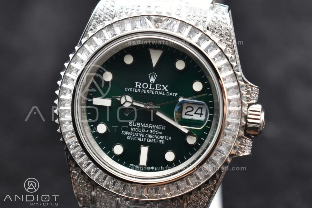 Submariner 40mm Full Diamonds SS AMGF Best Edition Green Dial on Bracelet on VR3135