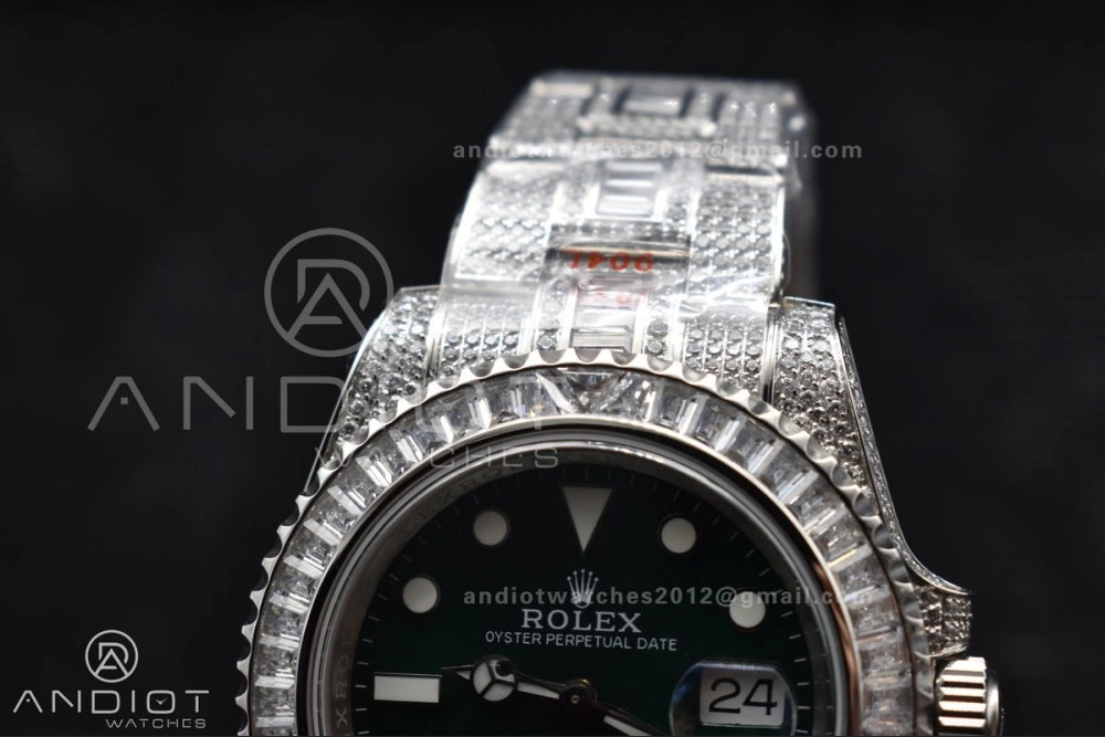 Submariner 40mm Full Diamonds SS AMGF Best Edition Green Dial on Bracelet on VR3135