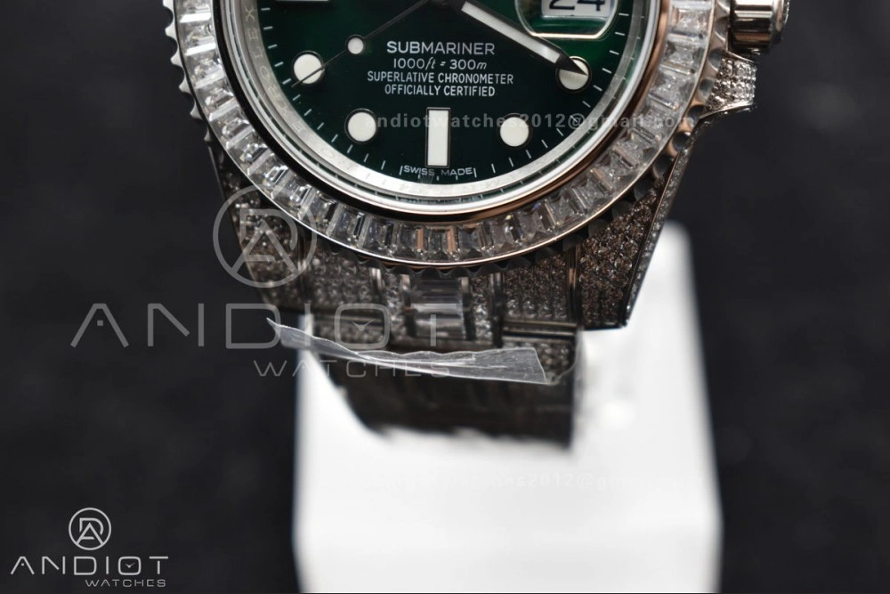 Submariner 40mm Full Diamonds SS AMGF Best Edition Green Dial on Bracelet on VR3135