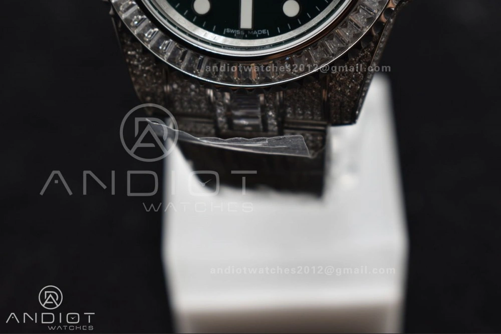 Submariner 40mm Full Diamonds SS AMGF Best Edition Green Dial on Bracelet on VR3135