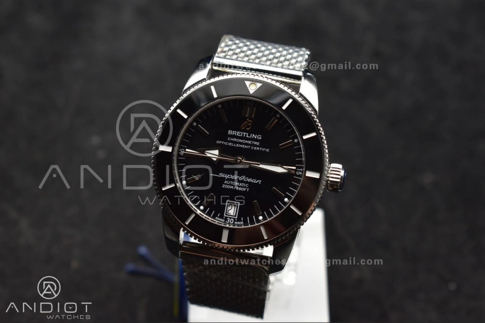 Super Ocean Heritage II BLSF 42mm SS Black Dial Black Ceramic Bezel on SS Mesh Bracelet A2824