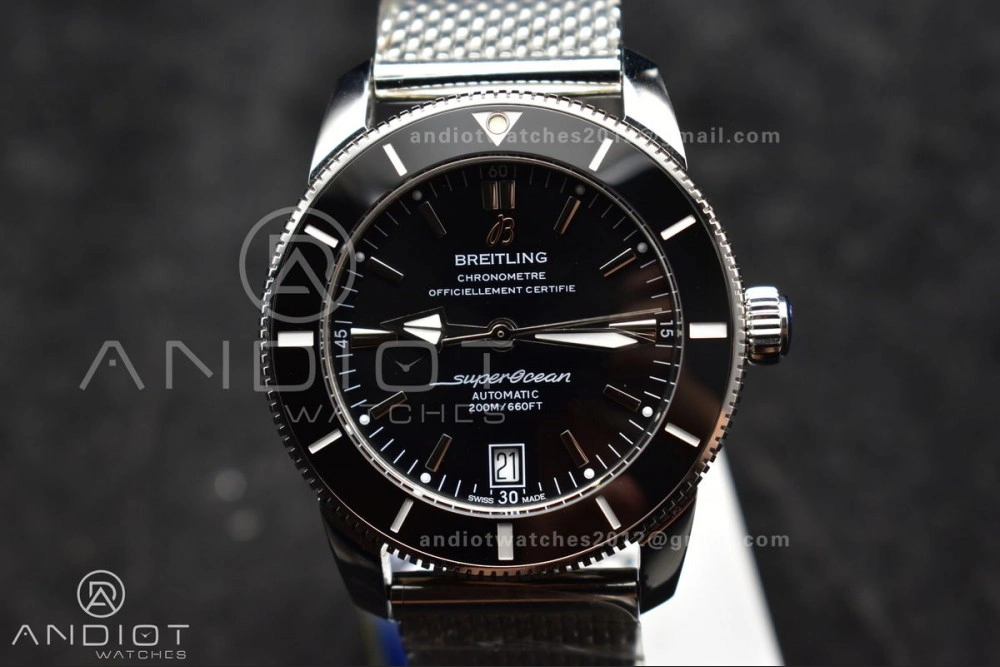 Super Ocean Heritage II BLSF 42mm SS Black Dial Black Ceramic Bezel on SS Mesh Bracelet A2824