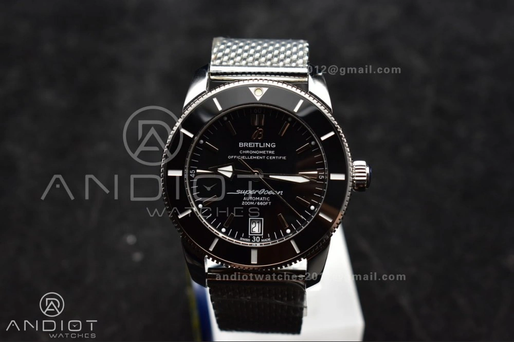 Super Ocean Heritage II BLSF 42mm SS Black Dial Black Ceramic Bezel on SS Mesh Bracelet A2824
