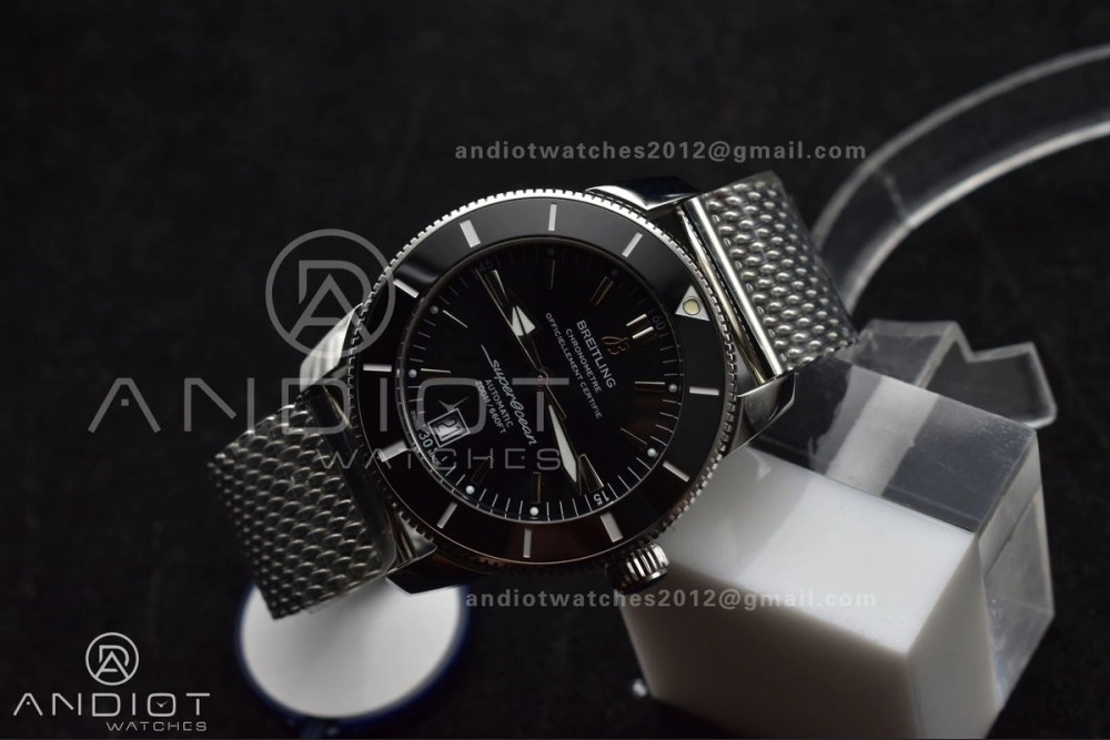 Super Ocean Heritage II BLSF 42mm SS Black Dial Black Ceramic Bezel on SS Mesh Bracelet A2824