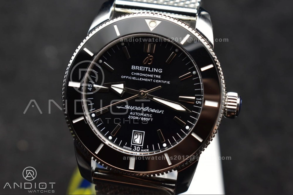 Super Ocean Heritage II BLSF 42mm SS Black Dial Black Ceramic Bezel on SS Mesh Bracelet A2824