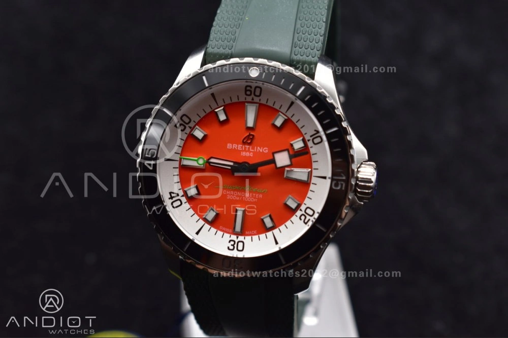 SuperOcean Automatic 42 SS BLSF 1:1 Best Edition Orange Dial on Green Rubber Strap A2824