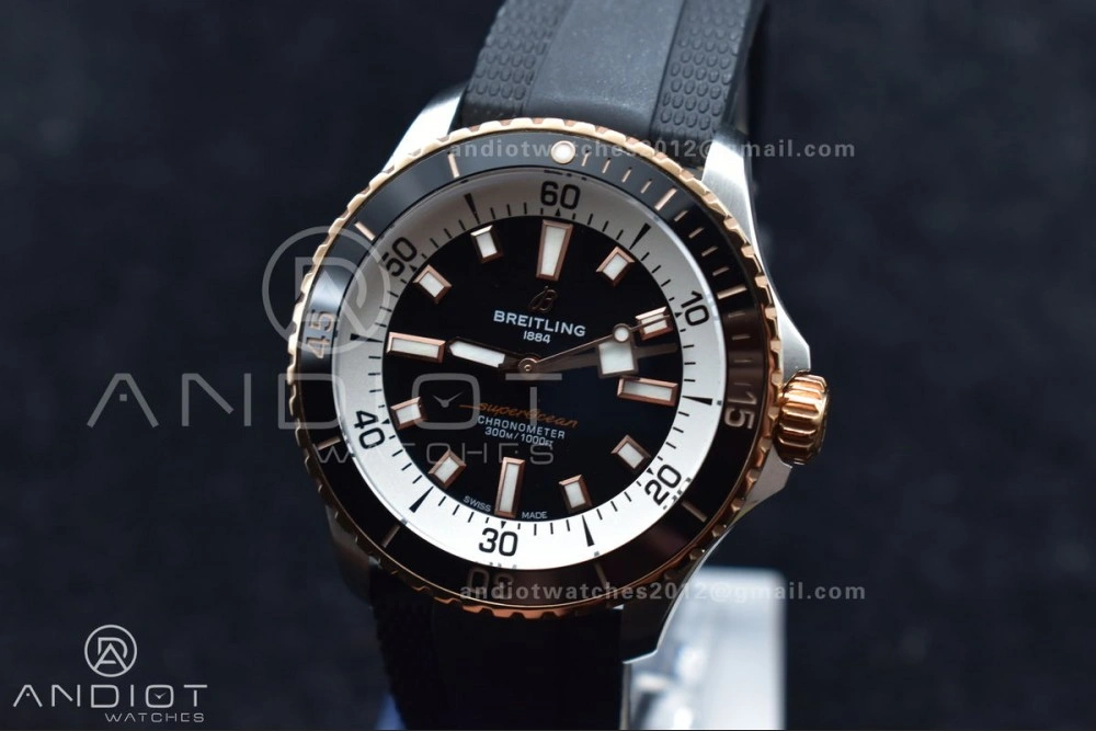 SuperOcean Automatic 42 SS RG BLSF 1:1 Best Edition Black Dial on Black Rubber Strap A2824