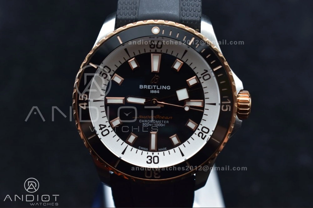 SuperOcean Automatic 42 SS RG BLSF 1:1 Best Edition Black Dial on Black Rubber Strap A2824