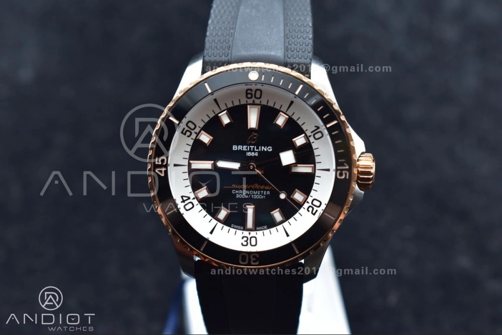 SuperOcean Automatic 42 SS RG BLSF 1:1 Best Edition Black Dial on Black Rubber Strap A2824