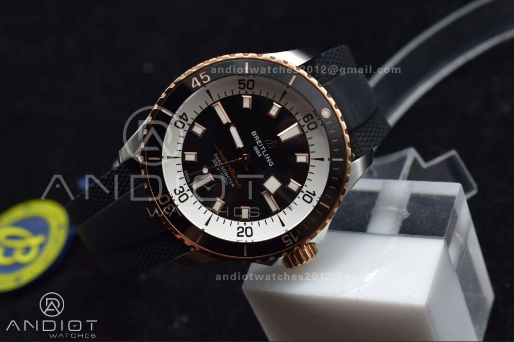 SuperOcean Automatic 42 SS RG BLSF 1:1 Best Edition Black Dial on Black Rubber Strap A2824