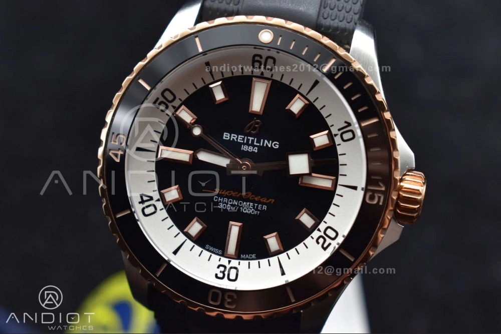 SuperOcean Automatic 42 SS RG BLSF 1:1 Best Edition Black Dial on Black Rubber Strap A2824