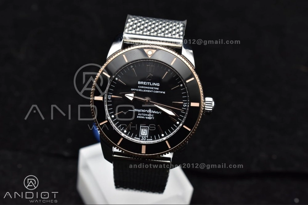 SuperOcean Heritage II BLSF 42mm SS Black Dial Black Ceramic Bezel on RG Bezel and Rubber Bracelet A2824