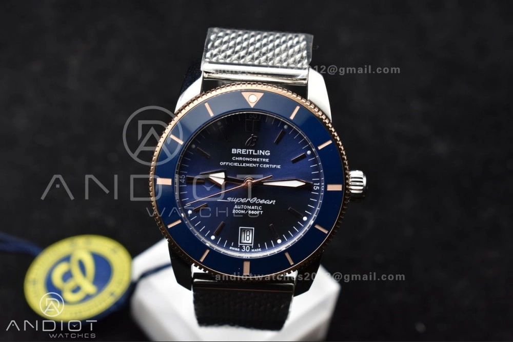 SuperOcean Heritage II BLSF 42mm SS Blue Dial Blue Ceramic Bezel on RG Bezel and Mesh Bracelet A2824