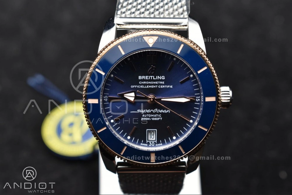SuperOcean Heritage II BLSF 42mm SS Blue Dial Blue Ceramic Bezel on RG Bezel and Mesh Bracelet A2824