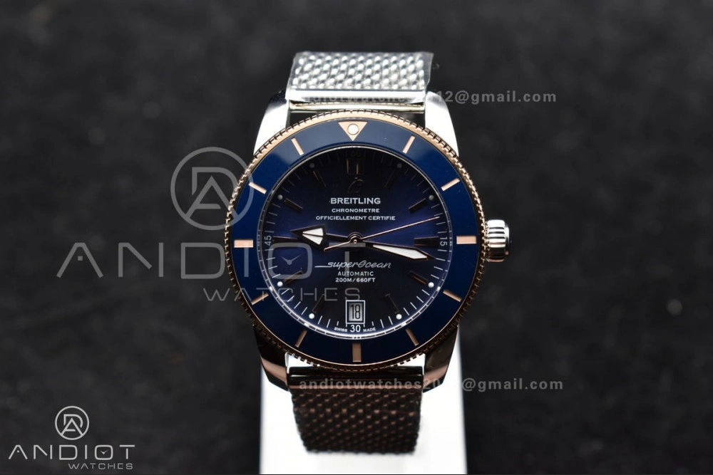 SuperOcean Heritage II BLSF 42mm SS Blue Dial Blue Ceramic Bezel on RG Bezel and Mesh Bracelet A2824