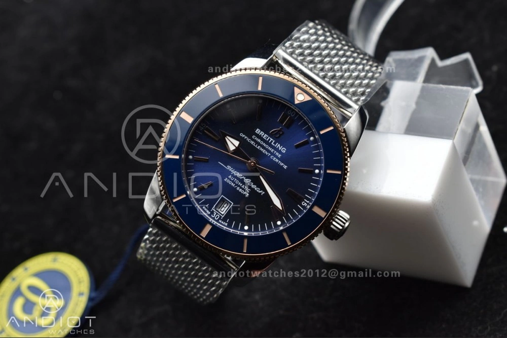SuperOcean Heritage II BLSF 42mm SS Blue Dial Blue Ceramic Bezel on RG Bezel and Mesh Bracelet A2824