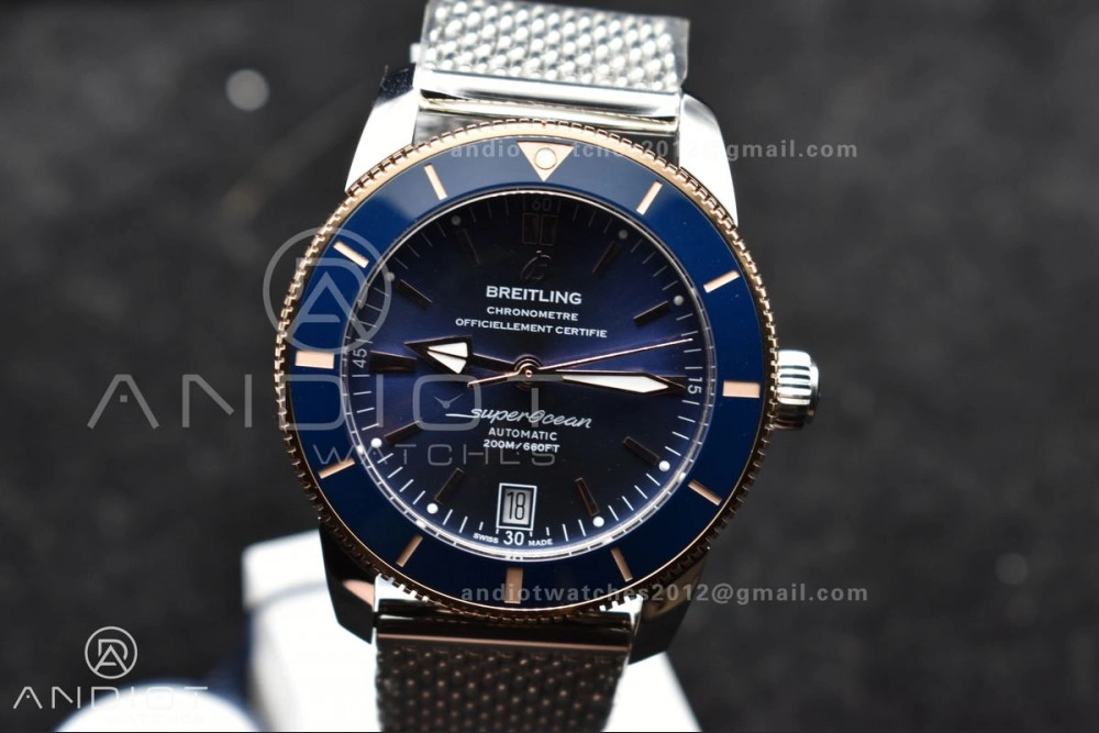 SuperOcean Heritage II BLSF 42mm SS Blue Dial Blue Ceramic Bezel on RG Bezel and Mesh Bracelet A2824