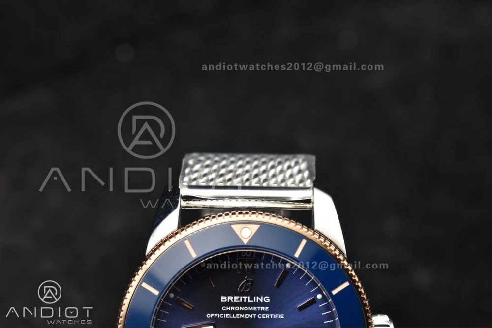 SuperOcean Heritage II BLSF 42mm SS Blue Dial Blue Ceramic Bezel on RG Bezel and Mesh Bracelet A2824