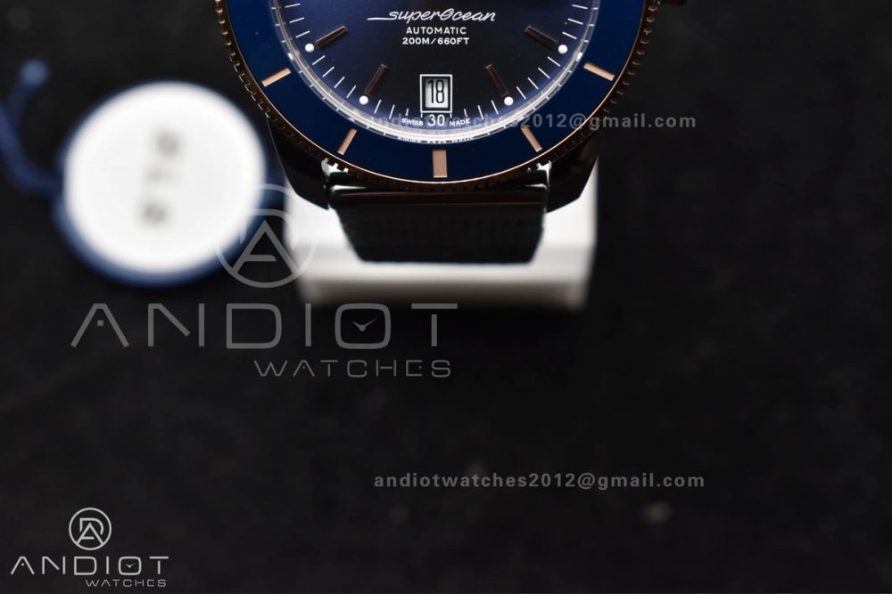 SuperOcean Heritage II BLSF 42mm SS Blue Dial Blue Ceramic Bezel on RG Bezel and Mesh Bracelet A2824