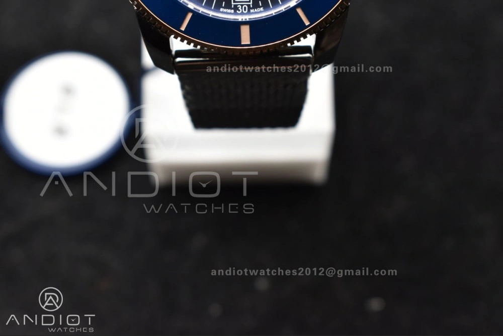 SuperOcean Heritage II BLSF 42mm SS Blue Dial Blue Ceramic Bezel on RG Bezel and Mesh Bracelet A2824