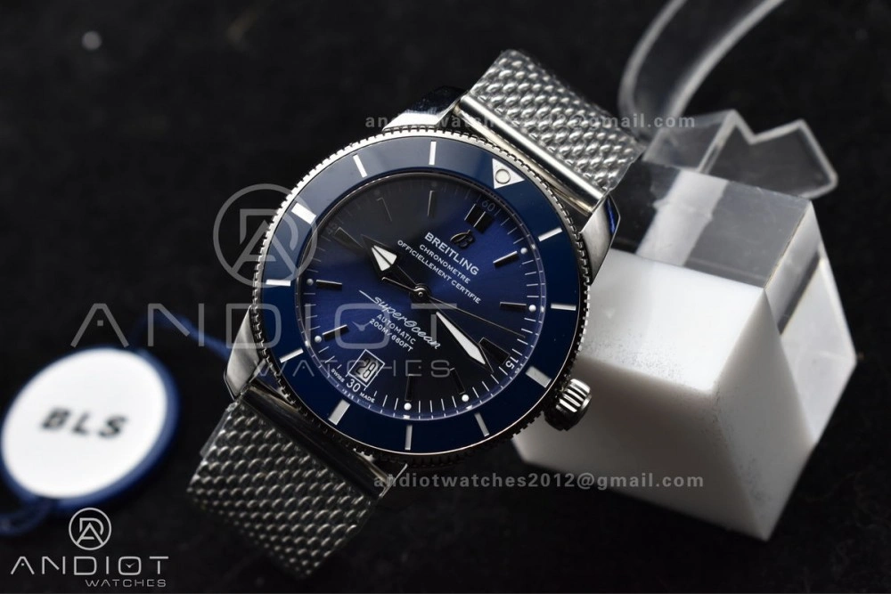 SuperOcean Heritage II BLSF 42mm SS Blue Dial Blue Ceramic Bezel on SS Mesh Bracelet A2824