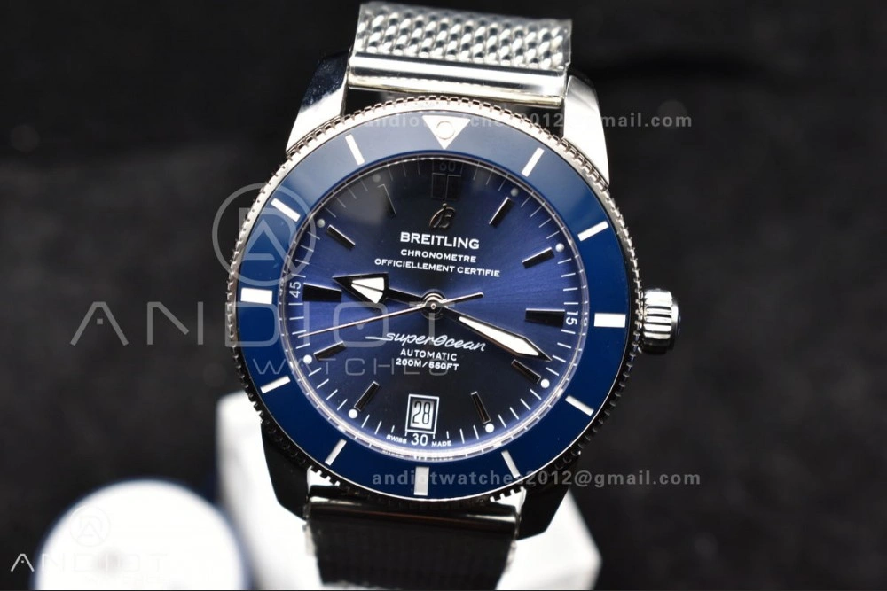 SuperOcean Heritage II BLSF 42mm SS Blue Dial Blue Ceramic Bezel on SS Mesh Bracelet A2824
