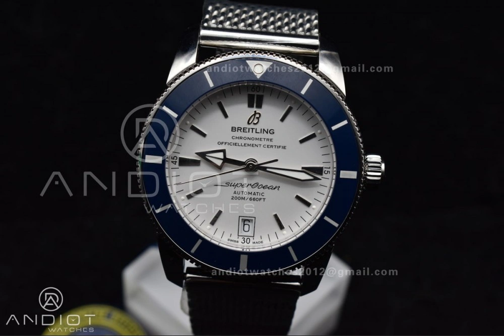 SuperOcean Heritage II BLSF 42mm SS White Dial Blue Ceramic Bezel on SS Mesh Bracelet A2824
