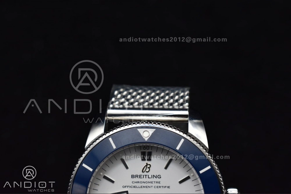 SuperOcean Heritage II BLSF 42mm SS White Dial Blue Ceramic Bezel on SS Mesh Bracelet A2824