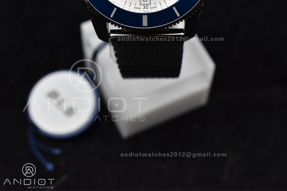 SuperOcean Heritage II BLSF 42mm SS White Dial Blue Ceramic Bezel on SS Mesh Bracelet A2824