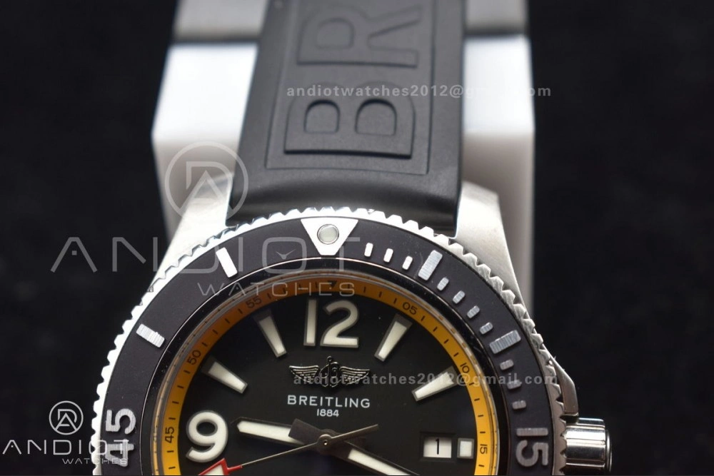 Superocean Automatic 44 TF 1:1 Best Edition Black Dial and Bezel with Yellow Rehaut On Black Rubber Strap A2824