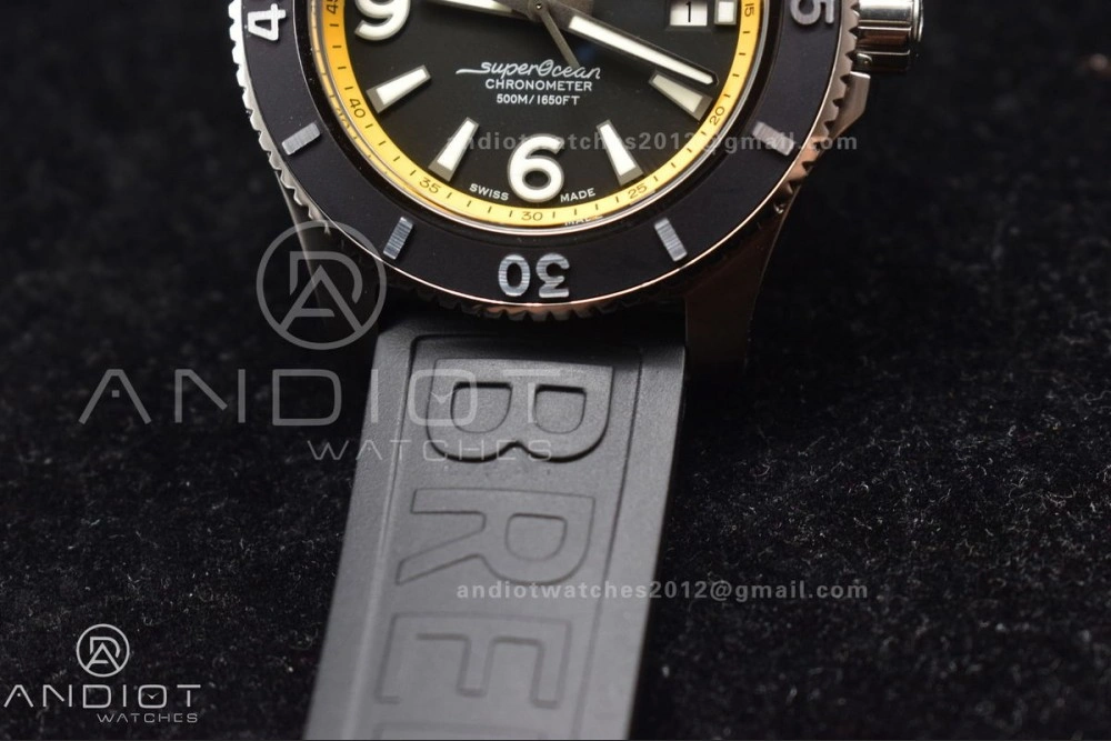 Superocean Automatic 44 TF 1:1 Best Edition Black Dial and Bezel with Yellow Rehaut On Black Rubber Strap A2824