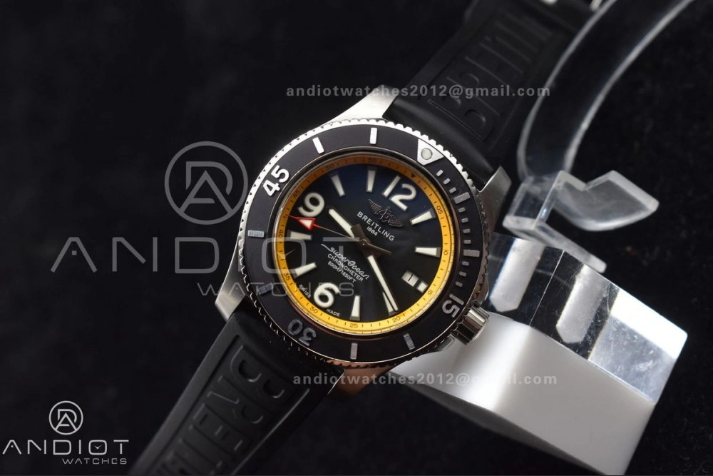 Superocean Automatic 44 TF 1:1 Best Edition Black Dial and Bezel with Yellow Rehaut On Black Rubber Strap A2824