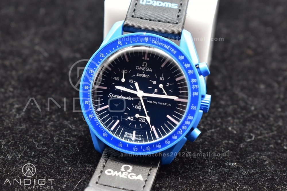Swatch x Omega Bioceramic Moonwatch Mission to Neptune on Nylon Strap Quartz