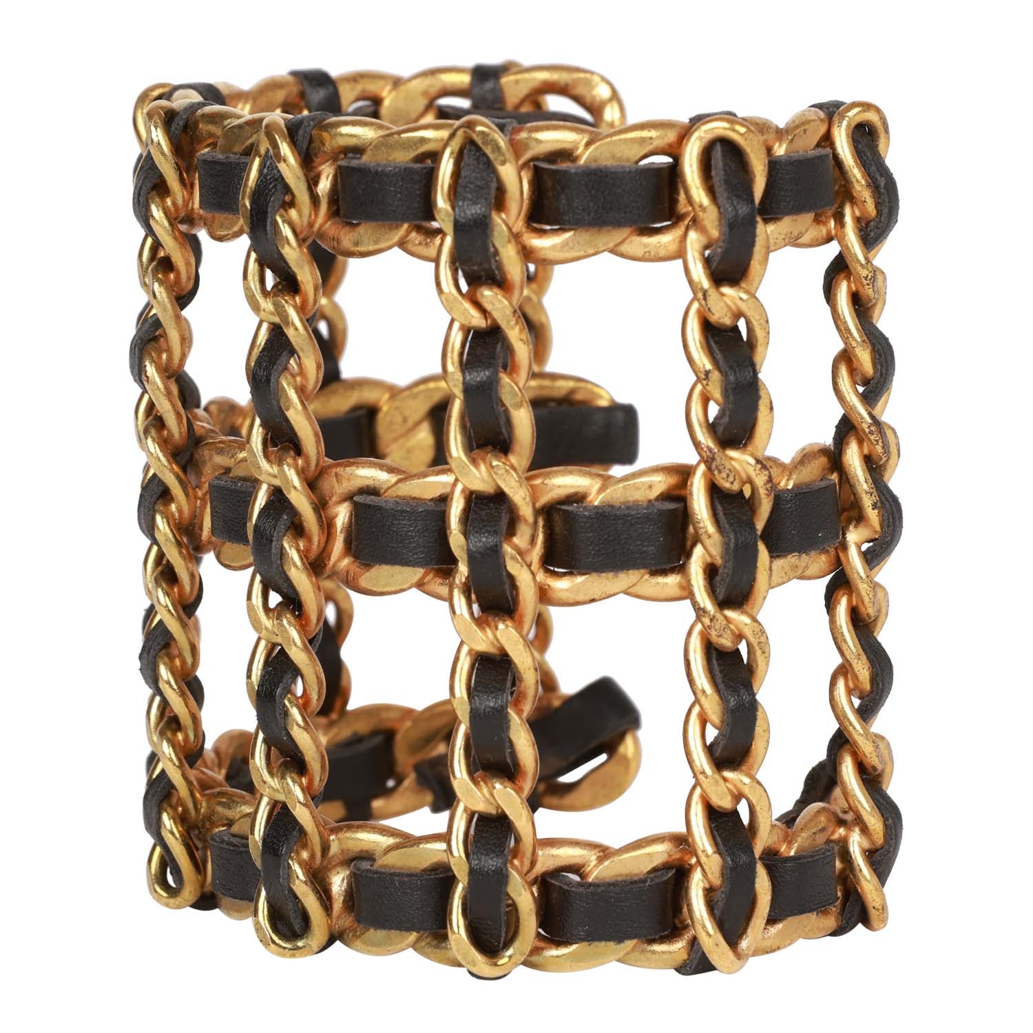 Vintage Chanel Gold Chain and Black Leather Cuff Bracelet - Image 2